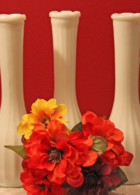 Milk Glass Fluted Vases with Ribbed Pattern