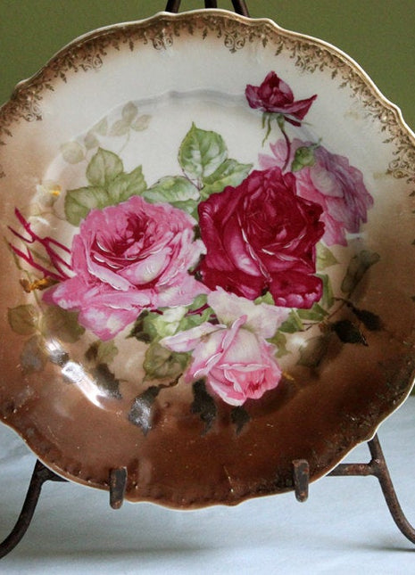 Antique Porcelain Plate with Handles - Hand Painted Roses