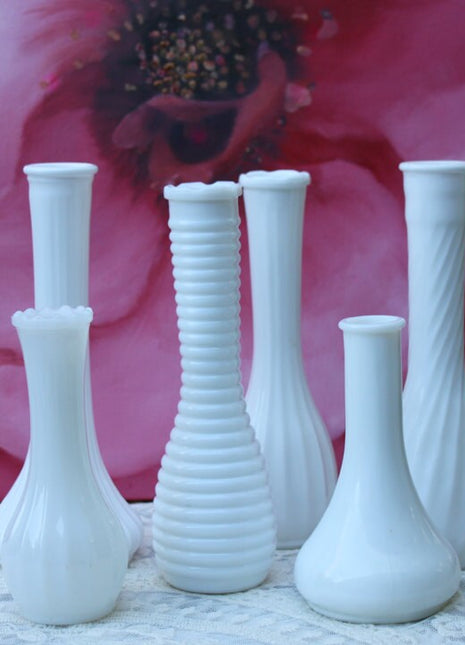 Milk Glass Fluted Vases with Ribbed Pattern. Set of Six Vases with Various Pattern. Wedding Reception Decoration or Home Collection.