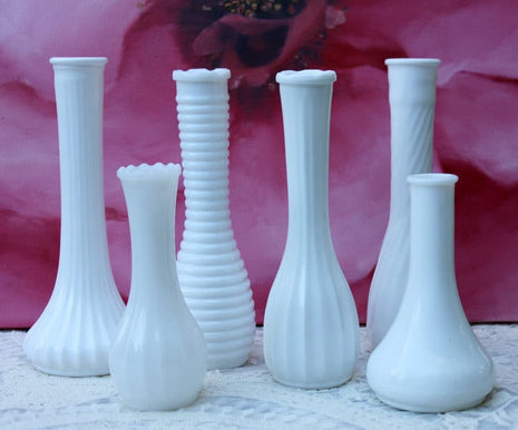Milk Glass Fluted Vases with Ribbed Pattern. Set of Six Vases with Various Pattern. Wedding Reception Decoration or Home Collection.