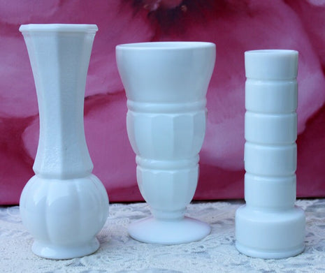 Milk Glass Vases Collection. Set of Three Milk Glass Vases. Various Design Milk Glass Collectible Wedding or Home Decor.