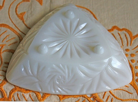 Milk Glass Triangle Shaped Shallow Bowl with Stars & Leaves  Pattern