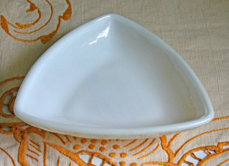 Milk Glass Triangle Shaped Shallow Bowl with Stars & Leaves  Pattern