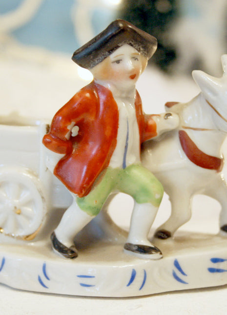 Toothpick or Qtip Holder. Porcelain Figurine of Man with  Cart and Donkey.