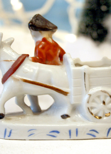 Toothpick or Qtip Holder. Porcelain Figurine of Man with  Cart and Donkey.