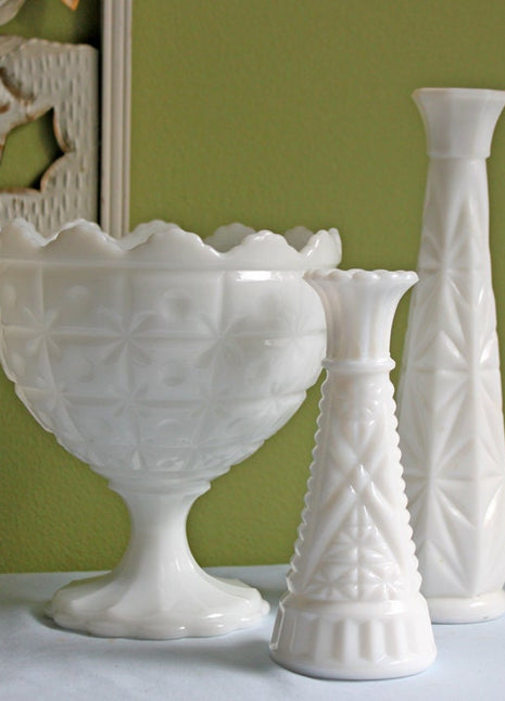 Milk Glass Footed Compote or Planter and Two Flute Vases in Two Sizes.