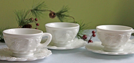 Westmoreland Milk Glass Tea Cups and Saucers Set. Three Tea Cups with Saucers with Embossed Grapes and Leaves. Paneled Grape Pattern.
