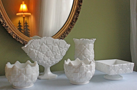 Westmoreland Set of Five Milk Glass Vases in Old Quilt or Block and Star Pattern and Scalloped Rim.