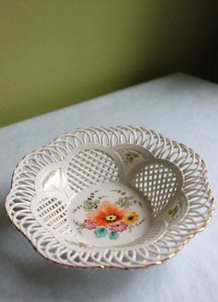 Ornate Bowl. Hand Painted Porcelain Reticulated Bowl. Small Fruit Bowl or Display Porcelain Art.