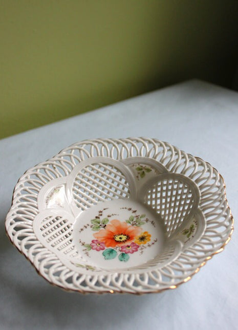 Ornate Bowl. Hand Painted Porcelain Reticulated Bowl. Small Fruit Bowl or Display Porcelain Art.