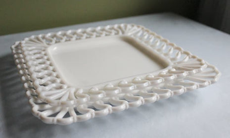 Milk Glass Reticulated Square Dessert Plates - Set of Two Serving Plates