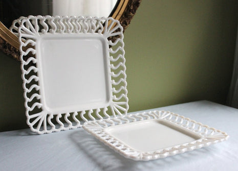 Milk Glass Reticulated Square Dessert Plates - Set of Two Serving Plates