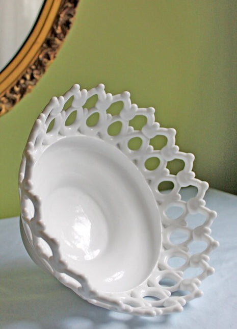 Milk Glass Bowl with Intricate Rim. Serving or Display Bowl. Collectible Milk Glass Bowl with Reticulated Rim.
