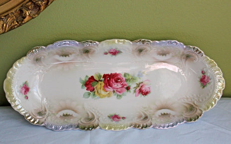 Antique Porcelain Oval Platter. Hand Painted Oval Serving Plate. Marked by Manufacturer.