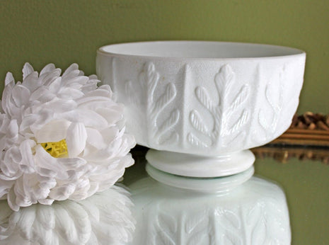 Milk Glass Oval Oak Leaf Short-Footed Bowl