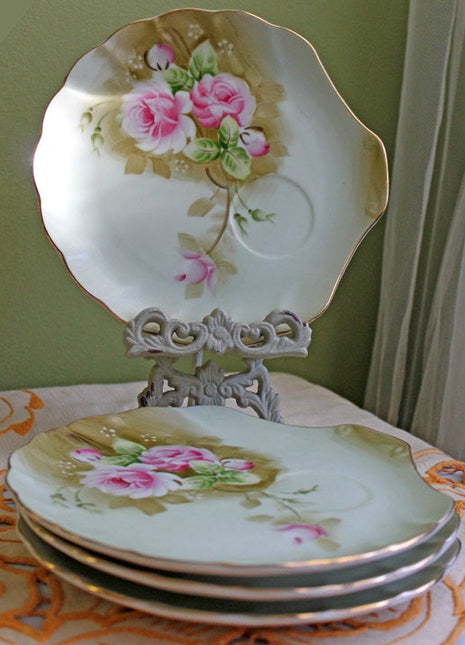 Lefton Porcelain Hand Painted Lunch Plate. Hand Painted Roses on Shell Shaped Sneak Plate.