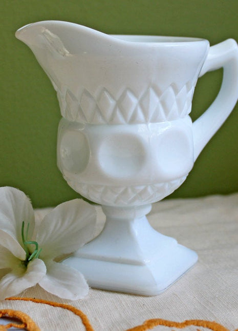 Milk Glass Creamer Footed Pitcher with Diamond & Circles Pattern
