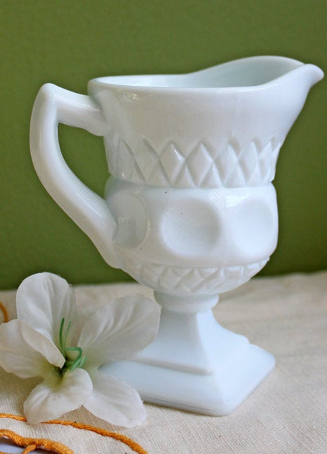 Milk Glass Creamer Footed Pitcher with Diamond & Circles Pattern