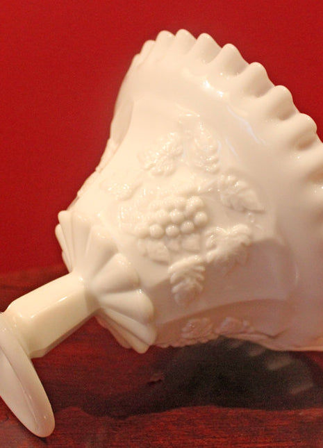 Westmoreland  Footed Bowl. Milk Glass Footed Bowl with Ruffled Edge Design and Grapes Leaf Pattern.
