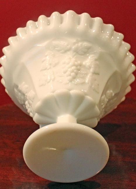 Westmoreland  Footed Bowl. Milk Glass Footed Bowl with Ruffled Edge Design and Grapes Leaf Pattern.