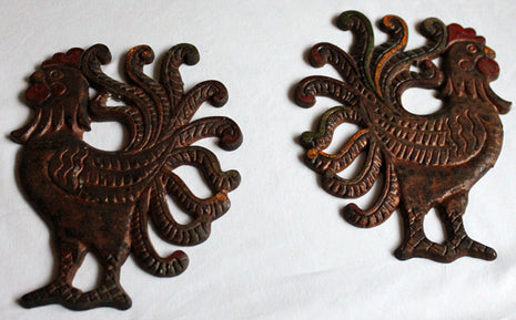 Set of 2 Cast Iron Roosters - Wall Hanging