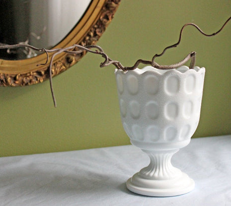 Milk Glass Goblet or Planter with Honeycomb Pattern & Scalloped Rim