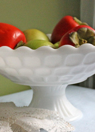 Large Milk Glass Footed Compote with Honey Comb Design, Scalloped Rim