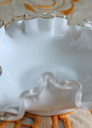 Fenton Crystal Bowl. Silver Crest Milk Glass Bowl. Double Ruffled Scalloped Rim Bowl. Wedding Reception Dish.