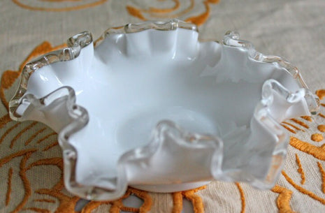 Fenton Crystal Bowl. Silver Crest Milk Glass Bowl. Double Ruffled Scalloped Rim Bowl. Wedding Reception Dish.