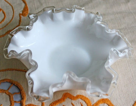 Fenton Crystal Bowl. Silver Crest Milk Glass Bowl. Double Ruffled Scalloped Rim Bowl. Wedding Reception Dish.
