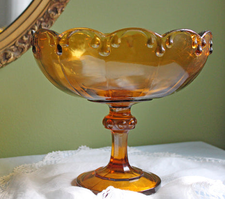 Amber Glass Compote Bowl with Tear Drop Design