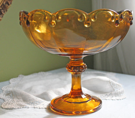 Amber Glass Compote Bowl with Tear Drop Design