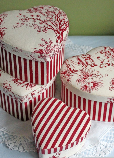 4 Heart Shape Trinket or Jewelry Boxes Covered with Red Fabric
