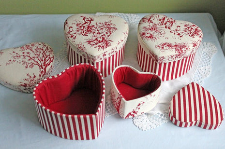 4 Heart Shape Trinket or Jewelry Boxes Covered with Red Fabric