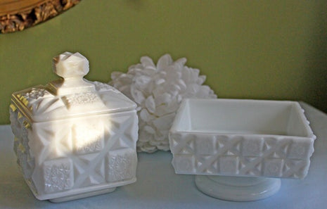 Westmoreland Milk Glass Box with Lid, and Footed Square Bowl. Old Quilt Design aka Block and Star Pattern.