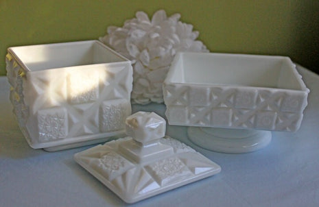 Westmoreland Milk Glass Box with Lid, and Footed Square Bowl. Old Quilt Design aka Block and Star Pattern.