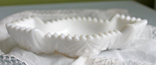 Milk Glass Oval Candy Bowl - Old Quilt Pattern Double Scalloped Rim