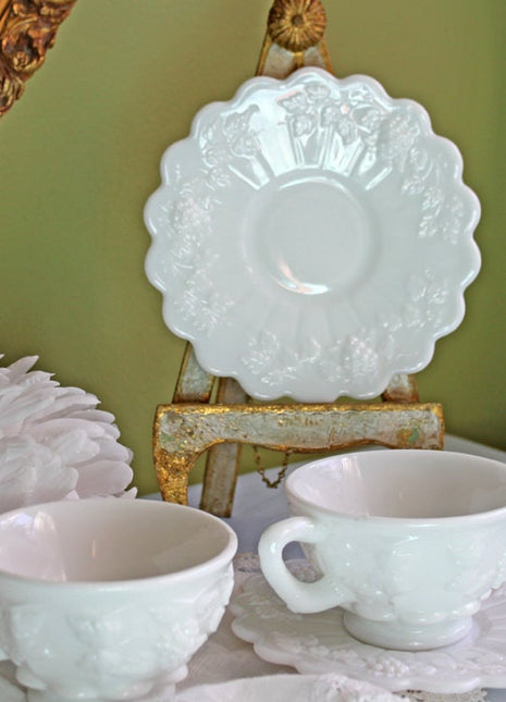 Westmoreland Milk Glass Tea Cups and Saucers Set. Three Tea Cups with Saucers with Embossed Grapes and Leaves. Paneled Grape Pattern.