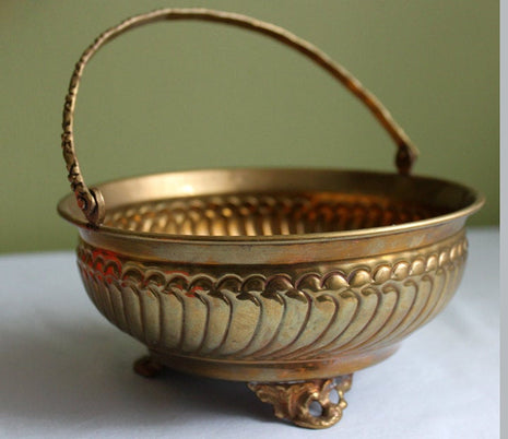 Vintage Brass Basket with Hinged Ornate Handle and Feet