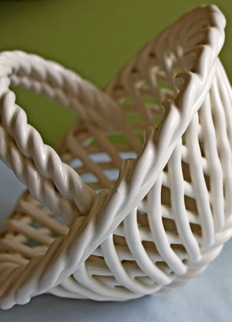 Pottery Basket with Handle. Reticulated Bowl with Handle. Pottery Basket for Display or Daily Use for Serving Fruit or Candy.