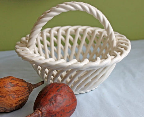 Pottery Basket with Handle. Reticulated Bowl with Handle. Pottery Basket for Display or Daily Use for Serving Fruit or Candy.