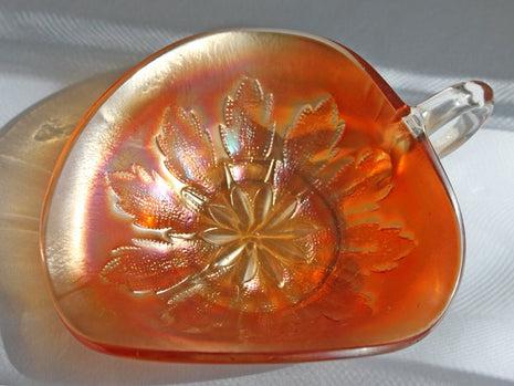 Carnival Glass Bowl with Handle. Candy Bowl or Nuts Serving Bowl Made with Orange Carnival Glass. Triangle Shape Bowl with Handle..