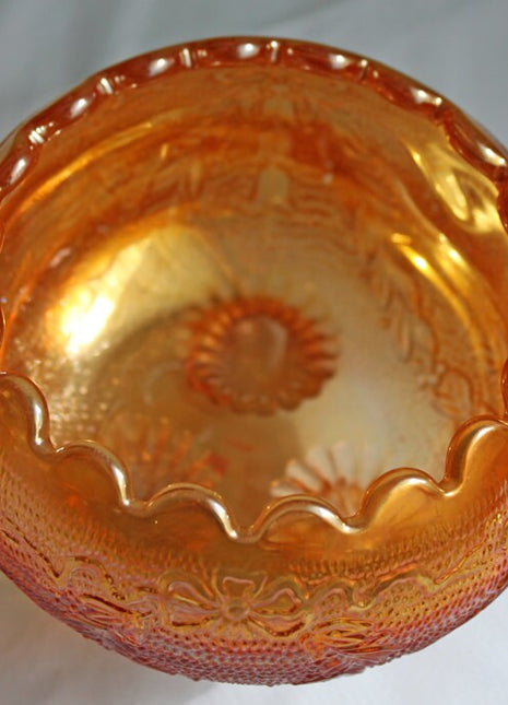 Carnival Glass Footed Bowl. Three Feet Candy or Nuts Serving Dish or Trinket Bowl Made with Orange Carnival Glass.  Bubble Shape Bowl.