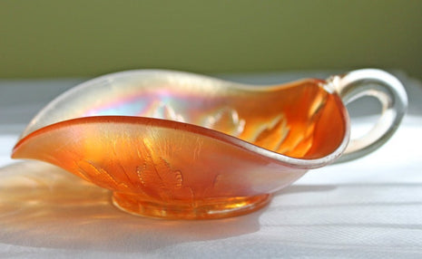 Carnival Glass Bowl with Handle. Candy Bowl or Nuts Serving Bowl Made with Orange Carnival Glass. Triangle Shape Bowl with Handle..
