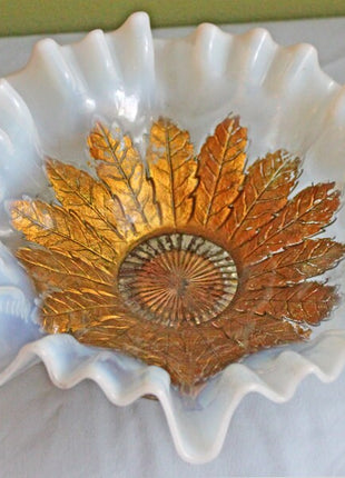 Opalescent Crystal Bowl with Hand Painted Leaf Rays Pattern by Dugan