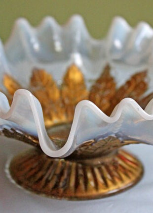 Opalescent Crystal Bowl with Hand Painted Leaf Rays Pattern by Dugan