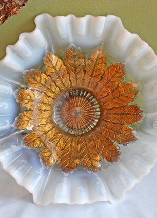 Opalescent Crystal Bowl with Hand Painted Leaf Rays Pattern by Dugan