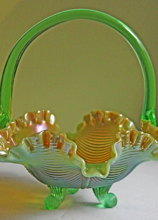 Fenton Crystal Iridized Basket. Green and Gold Glass Art Basket. Three Footed Crystal Basket with Drapery Pattern and Double Ruffled Rim.