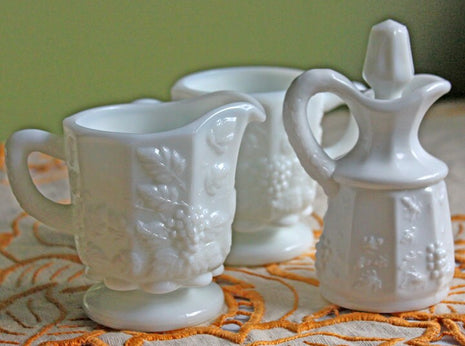 Westmoreland Milk Glass Creamer. Pitcher with Embossed Leaves and Grapes Pattern. Hand Made Westmoreland Footed Creamer with Grapes Decor.