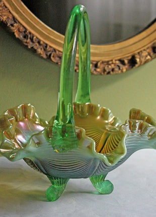 Fenton Crystal Iridized Basket. Green and Gold Glass Art Basket. Three Footed Crystal Basket with Drapery Pattern and Double Ruffled Rim.